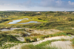 Uitzicht vanaf duintop over duinlandschap van Zuider Achterveld met zanderige hellingen en natte valleien in het Noordhollands Duinreservaat bij Egmond aan Zee.