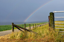 Regenboog boven de dijk en het drooggevallen wad tijdens laagwater op het Balgzand bij Van Ewijcksluis