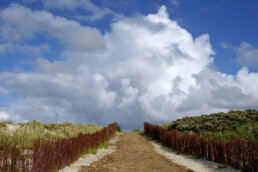 Blauwe lucht en witte wolken boven het zandpad van de opgang naar het Westerstrand op het waddeneiland Schiermonnikoog