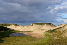 Zanderige duinhellingen van grote stuifduinen in de zeereep van het Nationaal Park Zuid-Kennemerland bij strandopgang Nieuwe Kattendel