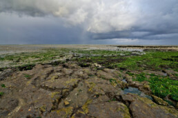 Donkere, dreigende wolkenlucht van regenbui boven de Waddenzee bij vogelreservaat De Volharding op Waddeneiland Texel.