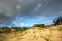 Wolken en regenboog boven een groepje bomen en het kale zand van stuifduinen in Meijendel bij Wassenaar