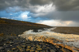 Donkere wolken boven aangespoeld schuimalg (Phaeocystis globosa) aan de voet van de Waddenzeedijk bij Vatrop, op het voormalige Waddeneiland Wieringen.